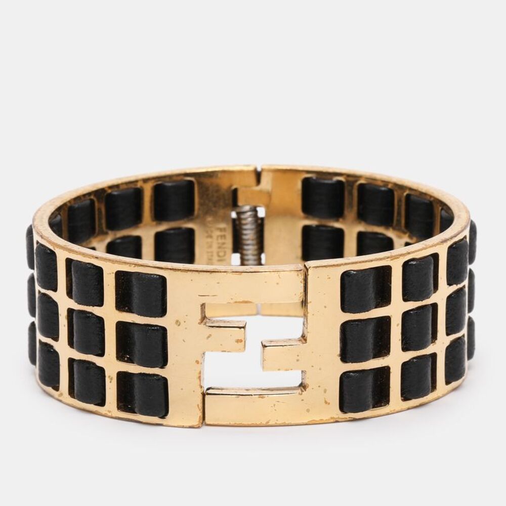 Fendi Ff Gold Tone Metal And Black Leather Detail Cuff Bracelet